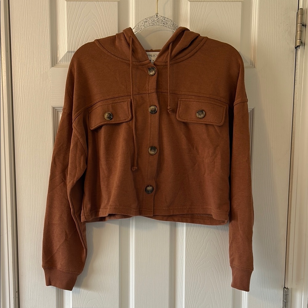 NWOT HIPPIE ROSE Rust/Orange Hooded Button Cropped Cardigan Sweater Size Medium